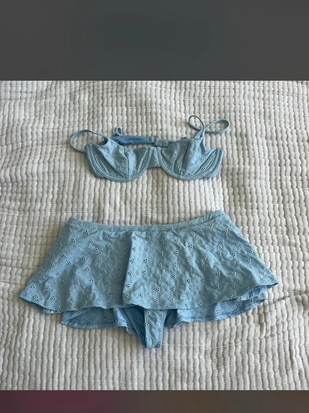 Light Blue Eyelet Bikini Top and Skirt Set